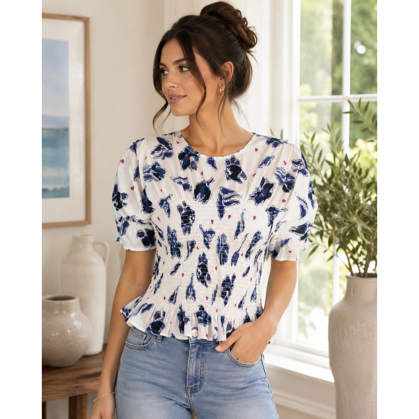 Baum Und Pferdgarten Mynowa Floral Smocked Peplum Organic Cotton Top Nwt, Xs